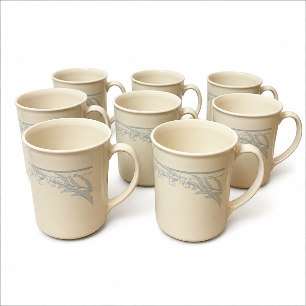 Corning Blue Iris Coffee Mugs Set of 8 Vintage Cream Blue Stoneware USA